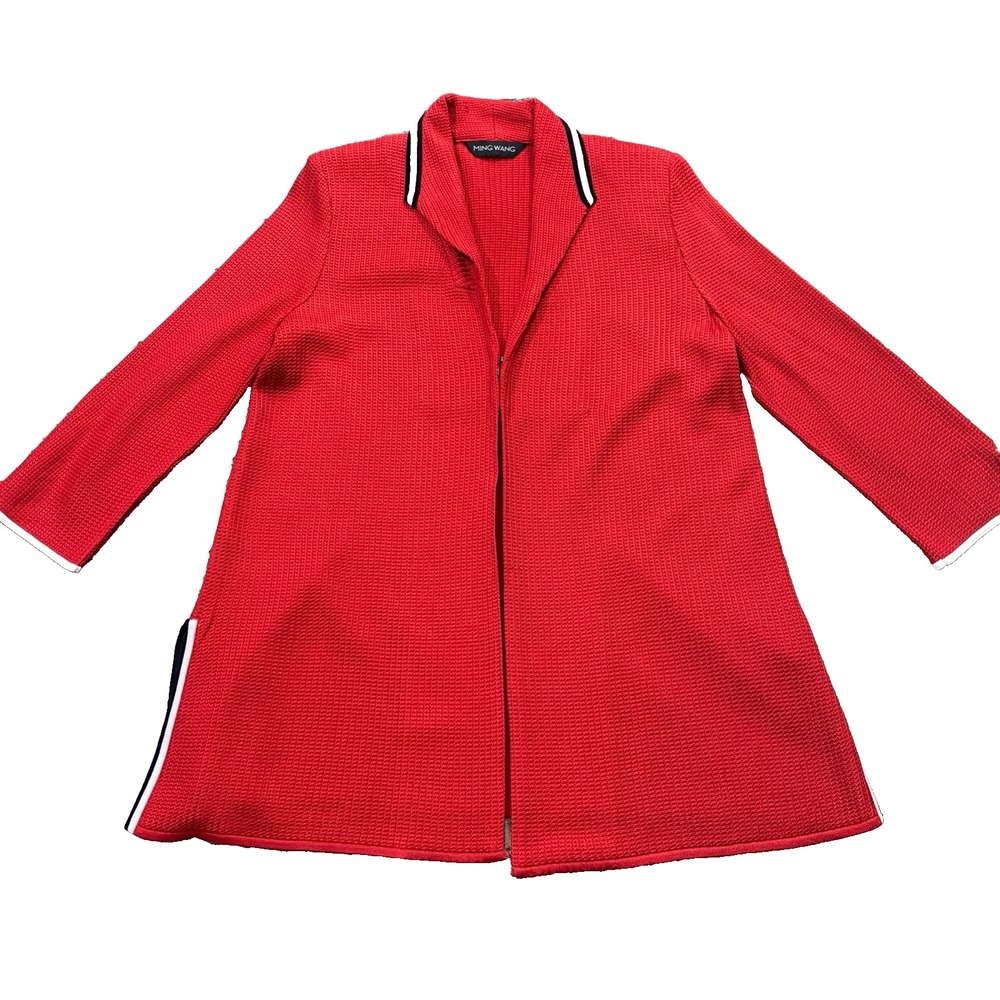 Ming Wang Womens M (msrd) Red One Latch 3/4 Sleeve Cardigan Jacket Knit Contrast - Picture 5 of 11